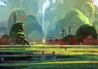 Картинка фэнтези иные+миры +иные+времена горы люди поле ходули