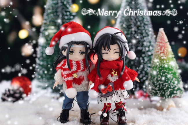 Обои картинки фото разное, куклы, вэй, усянь, лань, ванцзы, костюмы, снег, ёлки