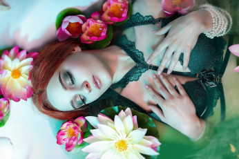 обоя девушки, kirdjava, ундина, образ, белье, ванна, цветы, жемчуг