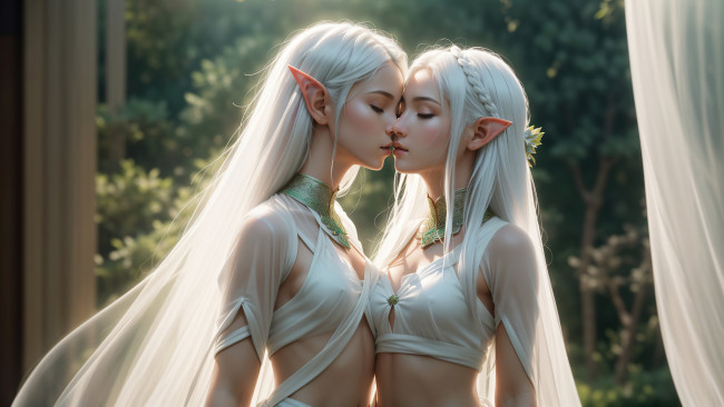 Обои картинки фото нейросеть, 3д графика, фантазия , fantasy, girl, art, kiss, blond, elf, digital, wedding