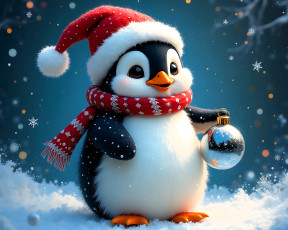 обоя разное, компьютерный дизайн, пингвин, шапка, шарик, снег, шарф