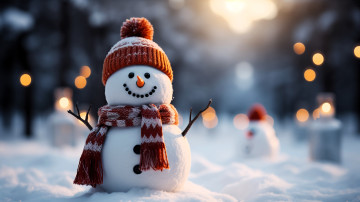 обоя праздничные, снеговики, снеговик, шапка, шарф, снег