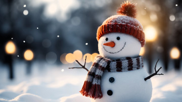 обоя праздничные, снеговики, снеговик, шапка, шарф, снег, блики