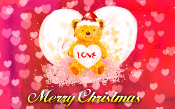 обоя праздничные, - разное , новый год, мишка, шапка, сердечки