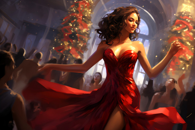 Обои картинки фото рисованное, люди, девушка, платье, новый, год, ёлки