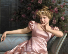 обоя рисованное, vittorio reggianini, девушка, дама, диван, цветы