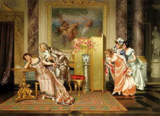 обоя рисованное, vittorio reggianini, дамы, джентельмен, стол, картины, ширма
