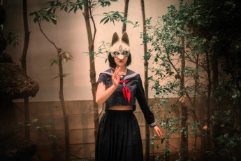 обоя девушки, ксана станкевич, образ, косплей, наряд, костюм, маска, стена, деревья