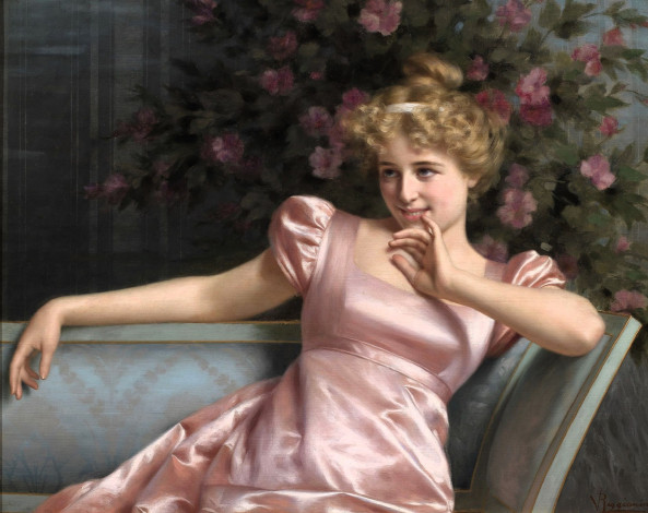 Обои картинки фото рисованное, vittorio reggianini, девушка, дама, диван, цветы