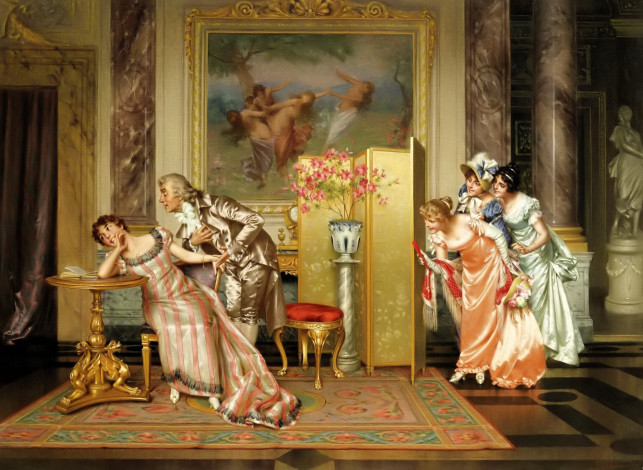 Обои картинки фото рисованное, vittorio reggianini, дамы, джентельмен, стол, картины, ширма