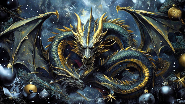 Обои картинки фото фэнтези, драконы, дракон, ёлка, украшения, шарики