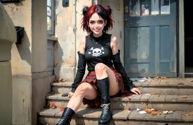 Обои картинки фото рисованное, люди, девушка, топ, перчатки, юбка, сапоги, дом, крыльцо, ступени