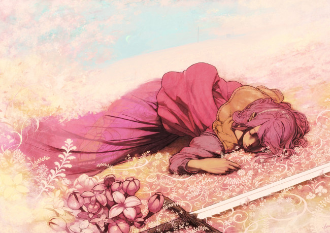 Обои картинки фото аниме, weapon, blood, technology, kio, naoki, девушка, лежит, меч, цветы