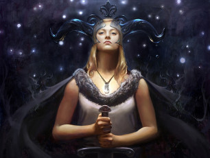 Картинка фэнтези девушки девушка меч кулон накидка мех