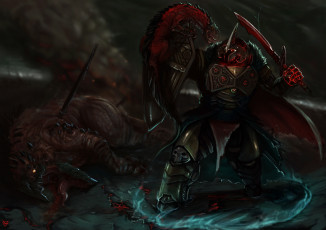 Картинка фэнтези существа доспехи схватка меч монстры воин