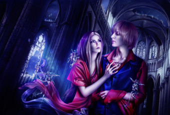 Картинка фэнтези люди собор парень девушка готика феи