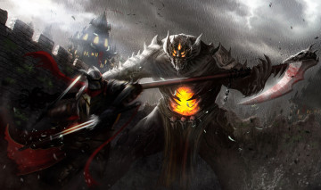 Картинка фэнтези демоны рыцарь крепость коса демон схватка мечи