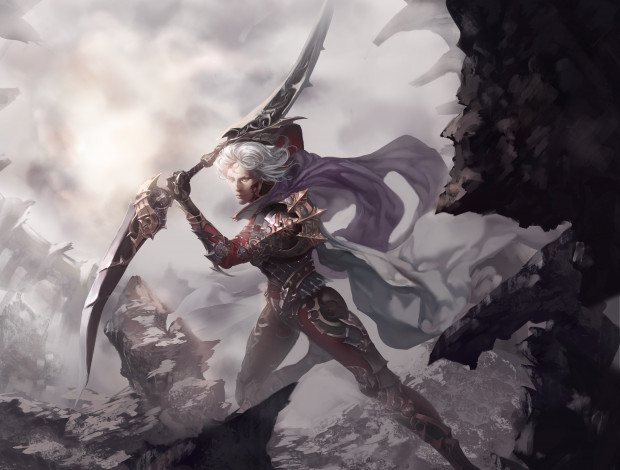 Обои картинки фото фэнтези, люди, оружие, доспехи, движение, скалы, воин