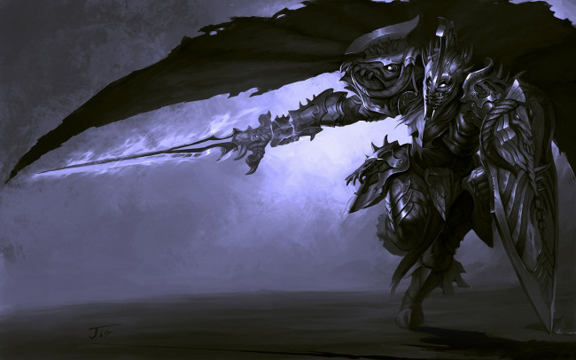 Обои картинки фото фэнтези, люди, тень, меч, бег, щит, доспехи, рыцарь, воин