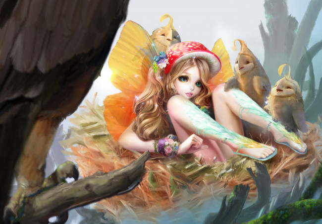 Обои картинки фото фэнтези, феи, птицы, девочка, фея, совы