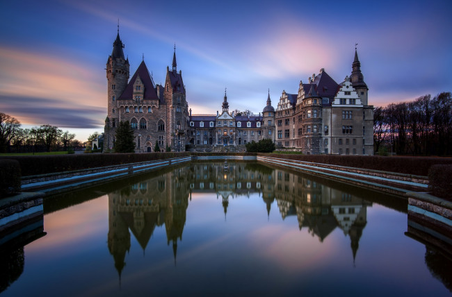 Обои картинки фото moszna castle, города, замки польши, moszna, фонтан, ночь, польша, castle