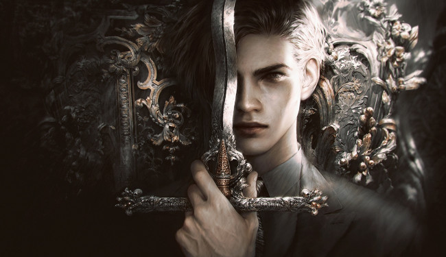 Обои картинки фото фэнтези, люди, прическа, арт, меч, мужчина, лицо, костюм