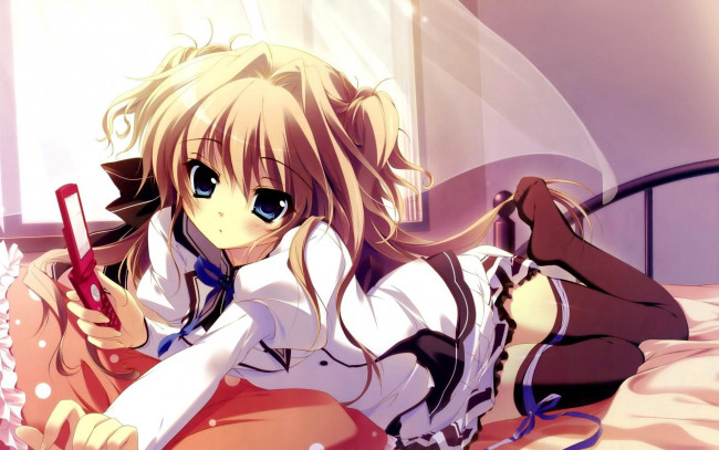 Обои картинки фото аниме, unknown,  другое, кровать, чулки, форма, телефон, девушка