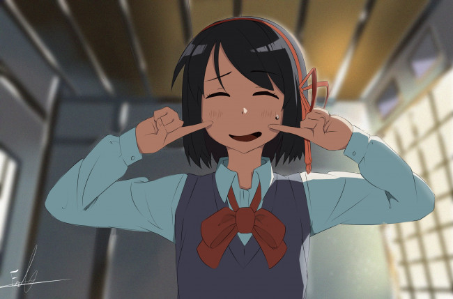 Обои картинки фото аниме, kimi no na wa, фон, взгляд, девушка