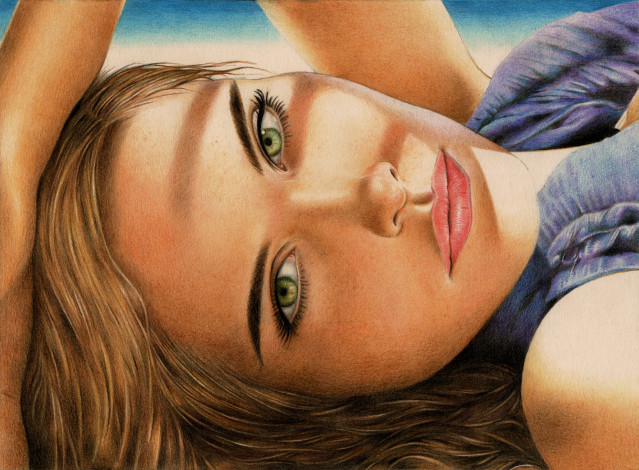 Обои картинки фото рисованное, живопись, портрет, девушка, взгляд, фон