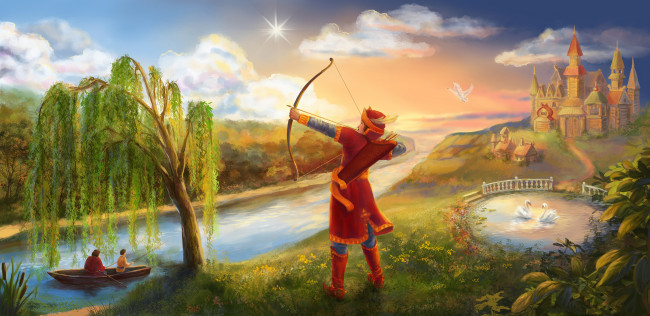 Обои картинки фото рисованное, люди, лук, река, город, лебедь, фон, лодка, мужчина