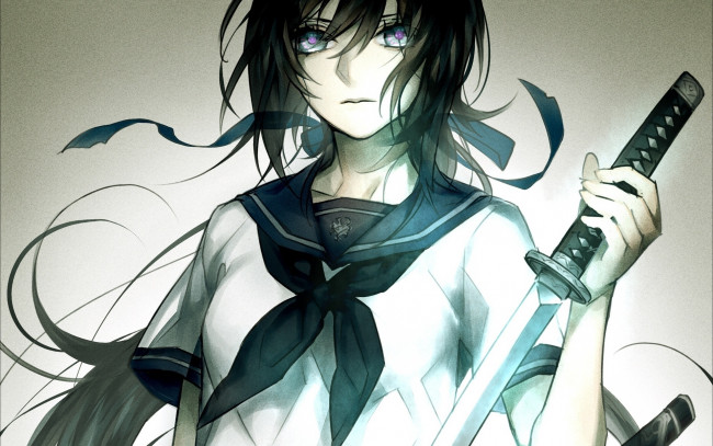 Обои картинки фото аниме, оружие,  техника,  технологии, воротник, галстук, катана, костюм, лента, девушка