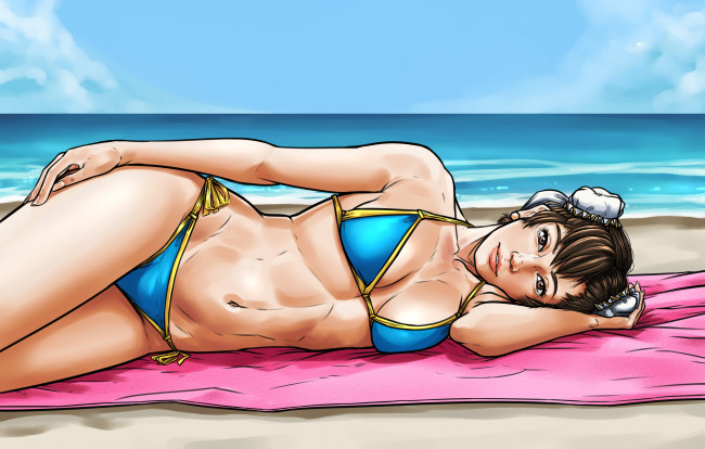 Обои картинки фото рисованное, люди, пляж, море, взгляд, фон, девушка