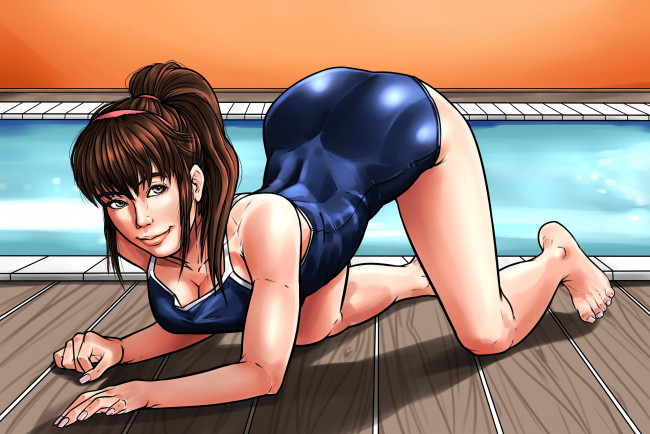 Обои картинки фото рисованное, люди, девушка, фон, взгляд, бассейн