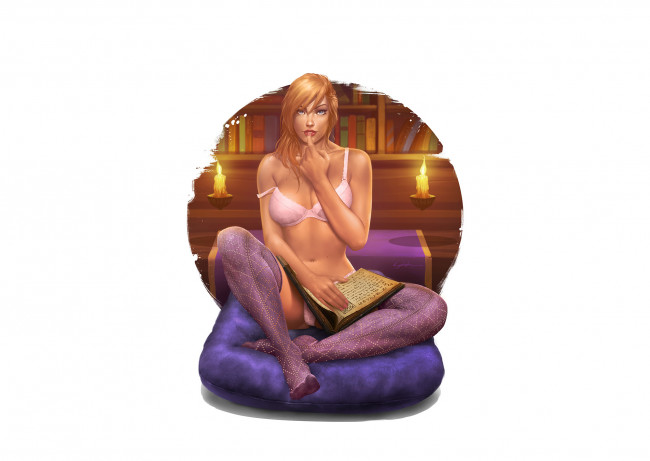 Обои картинки фото рисованное, люди, девушка, фон, взгляд, чулки, книга