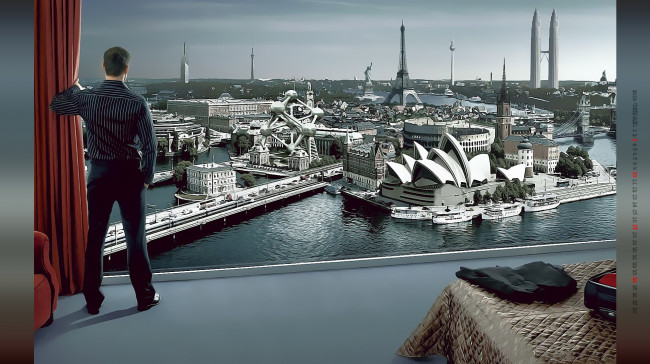 Обои картинки фото календари, компьютерный дизайн, скульптура, здание, окно, город, мужчина