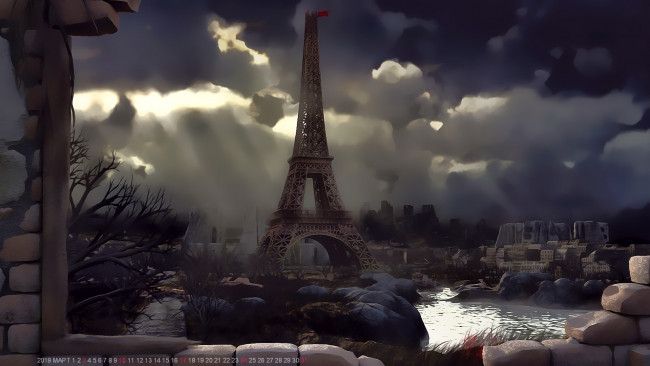 Обои картинки фото календари, компьютерный дизайн, эйфелева, башня, камень, водоем