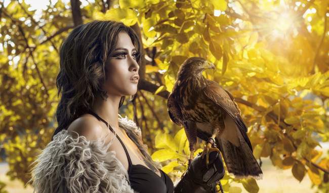 Обои картинки фото девушки, -unsort , азиатки, птица, девушка, осень