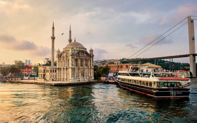 Обои картинки фото ortakoy mosque, fatih sultan mehmet bridge, города, стамбул , турция, ortakoy, mosque, fatih, sultan, mehmet, bridge