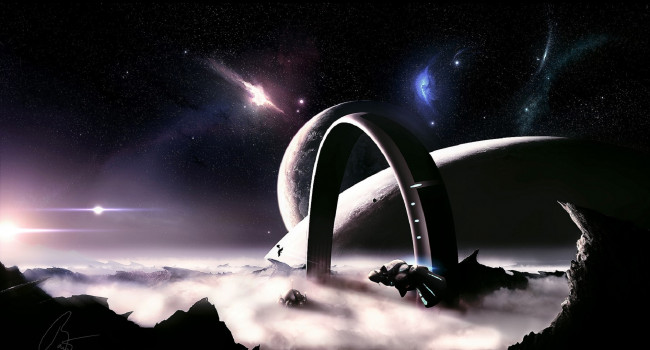 Обои картинки фото космос, арт, арка, планеты