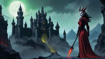 Картинка фэнтези демоны нейросети графика нейроарт ai art нейронные сети рисунки нейро искусство нейрографика graphics neuroart neural networks drawings neuro neurography демонесса с волшебным жезлом стоит у подножья мрачного замка