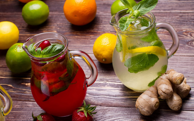 Обои картинки фото еда, напитки, лимонад, имбирь, клубника, мята, лимон