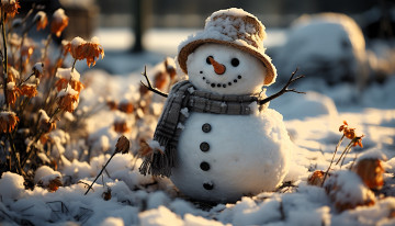 обоя праздничные, снеговики, снеговик, снег, шляпа, шарф, кусты, листья