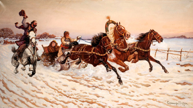 Обои картинки фото рисованное, василий перов, тройка, сани, всадник, снег, зима