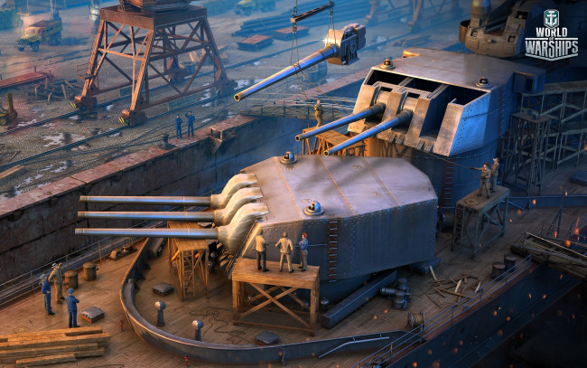 Обои картинки фото видео игры, world of warships, порт, кран, корабль, пушки, люди, стройка
