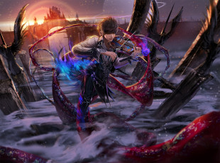 Картинка аниме -headphones+&+instrumental парень музыкальный инструмент скрипка вода арка