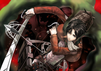 Картинка аниме shingeki+no+kyojin гиганты солдат плащ полет спокойствие levi парень shingeki no kyojin клинки