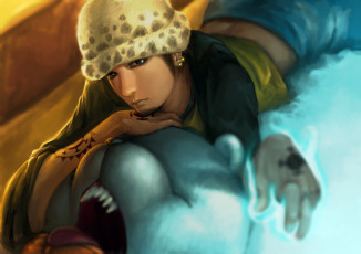 Картинка аниме one+piece язык медведь лежит клыки сияние trafalgar law bepo тату парень шапка бородка