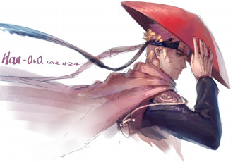 Картинка аниме naruto взгляд парень блондин рука плащ белый фон ленты головной убор шляпа наруто