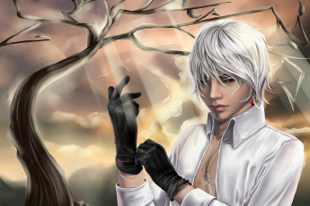 Картинка аниме *unknown+ другое белые волосы парень ветка серьга перчатки браслет крест