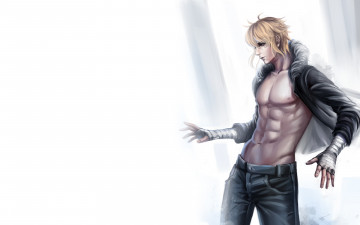 Картинка аниме *unknown+ другое число бинты красные глаза парень белый фон